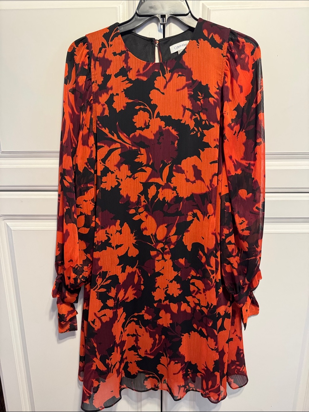 Calvin Klein Black & Orange Floral Long-Sleeve Shift Dress